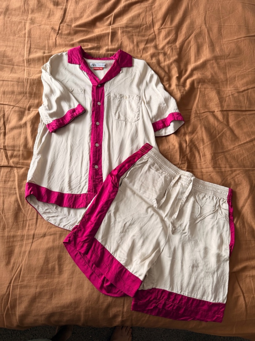 Zara White and Fuchsia Two-Piece Shirt & Shorts Set